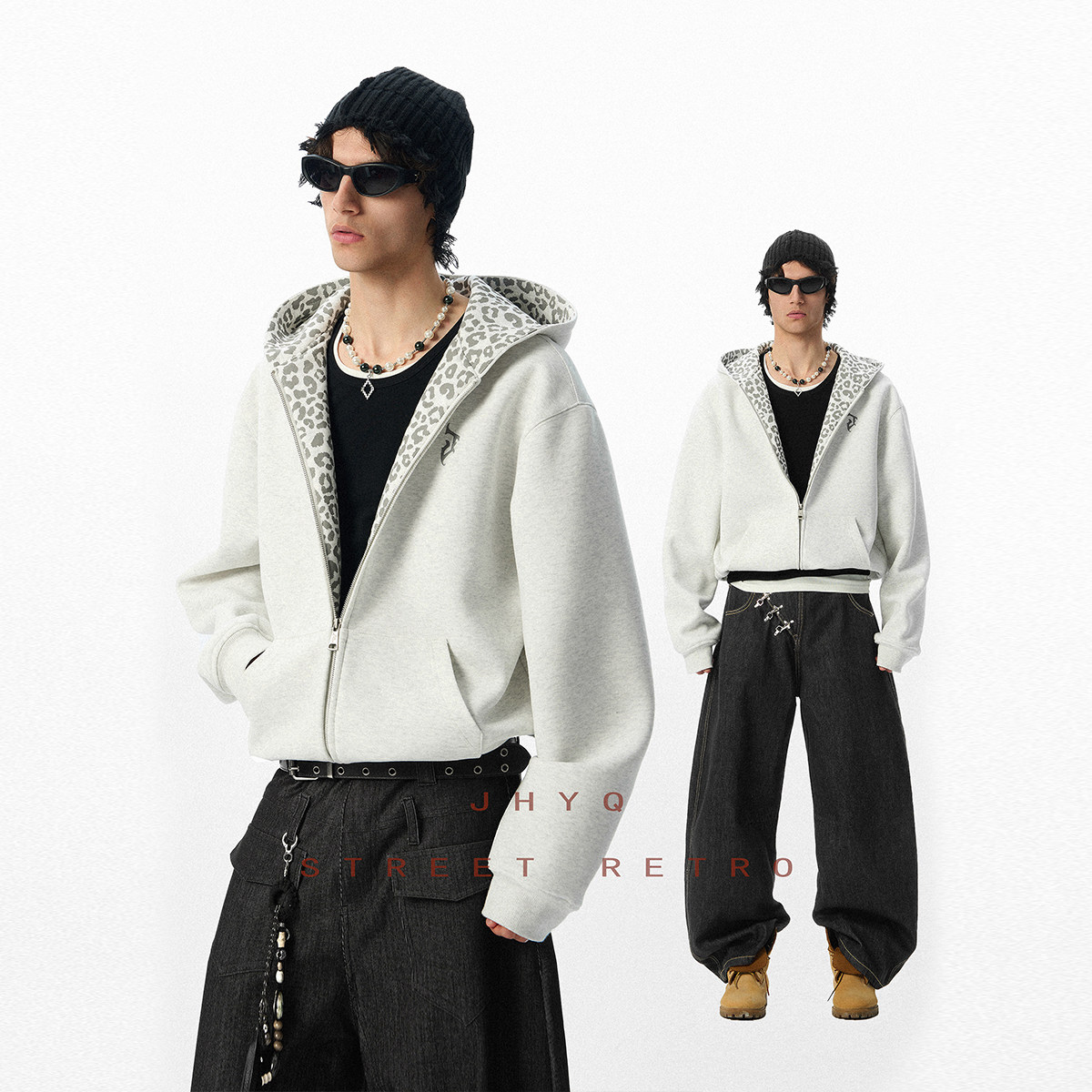 豹纹系列丨JHYQ短版型卫衣美式宽松慵懒加大帽沿连帽男女开衫外套,男装,卫衣,淘宝优惠券,粉丝福利购,淘宝优惠卷