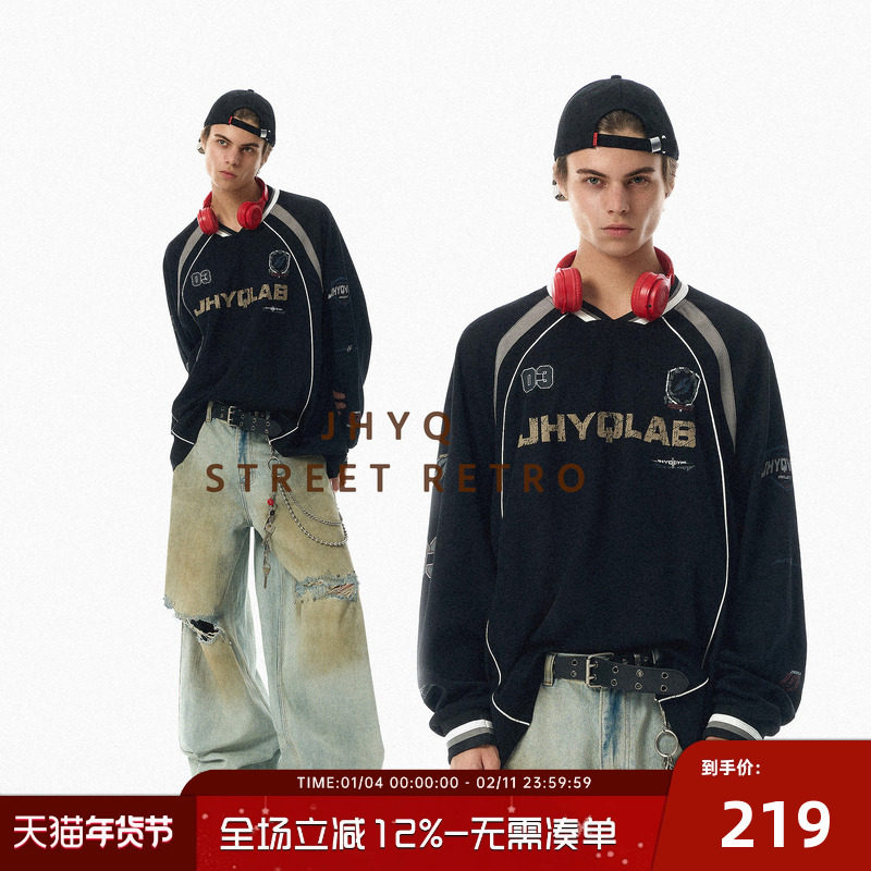 JHYQ净化眼球美式街头V领长袖嘻哈宽松插肩T恤男宽松休闲棒球衣服