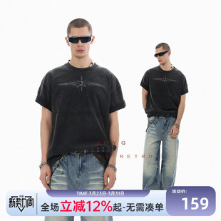 JHYQ美式 T恤男宽松休闲上衣体 复古手工金属J字母荆棘印花水洗短袖