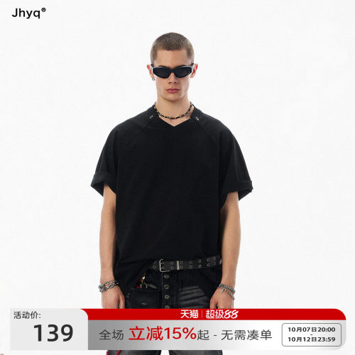 JHYQ美式打钉异型领短袖T恤