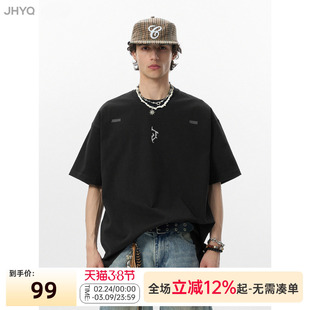 JHYQ哥特字母J印花纯棉基础百搭款短袖T恤男宽松五分情侣圆领半袖