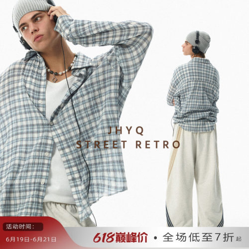 JHYQ春夏季美式复古褶皱格子长袖遮阳衬衫男轻薄透气休闲上衣