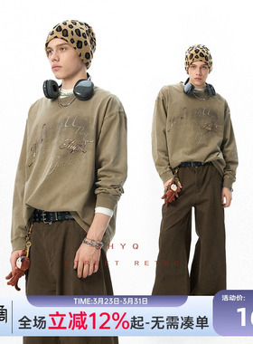 JHYQ净化眼球春季卫衣男美式水洗做旧320g宽松字母印花长袖T恤女