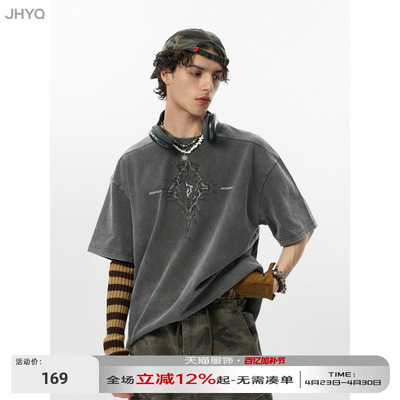 【荆棘系列】JHYQ275g复古水洗做旧圆领短袖t恤男美式宽松潮上衣
