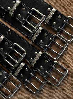 JHYQ原创小众设计美式双排扣全孔腰带男复古街头朋克休闲真牛皮带