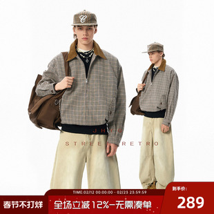 JHYQ美式复古千鸟格撞色翻领夹克男春秋款高级感潮牌宽松休闲外套