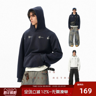 JHYQ净化眼球手工金属蝴蝶印花400G美式 外套 连帽卫衣男宽松情侣衫