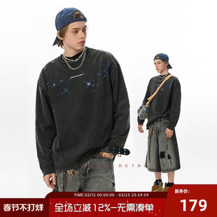 JHYQ秋季美式星空印花重磅水洗320g长袖T恤男宽松休闲镶钻卫衣