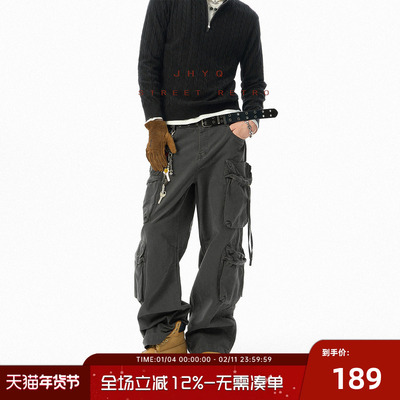 JHYQ净化眼球美式复古多口袋直筒工装裤水洗宽松休闲街舞长裤子