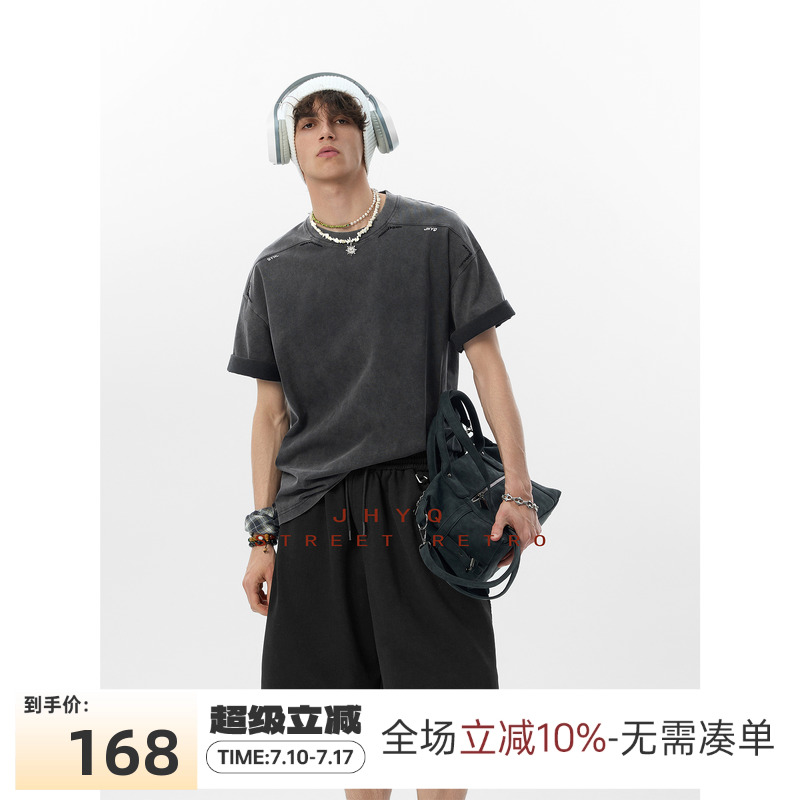 JHYQ美式休闲重水洗做旧圆领T恤男宽松潮牌立体剪裁重磅百搭上衣