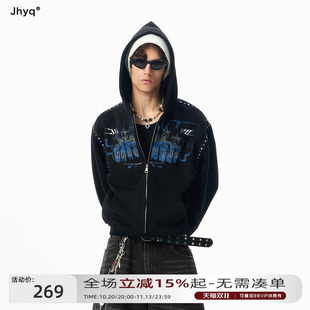短版版三七分丨JHYQ美式织带短款连帽拉链开衫卫衣男花轻亚风外套