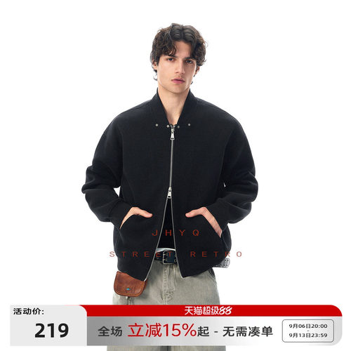 JHYQ黑色棒球领双拉链卫衣男
