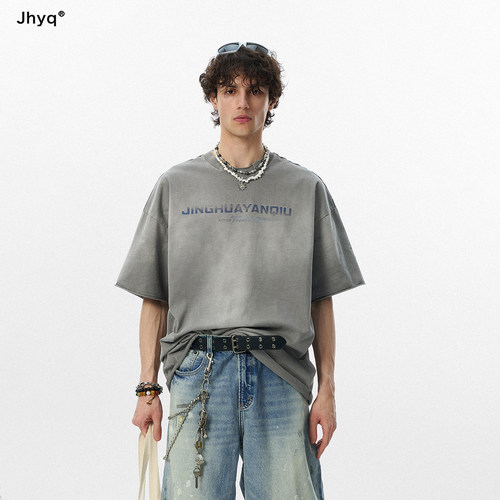 JHYQ美式水洗渐变印花短袖T恤