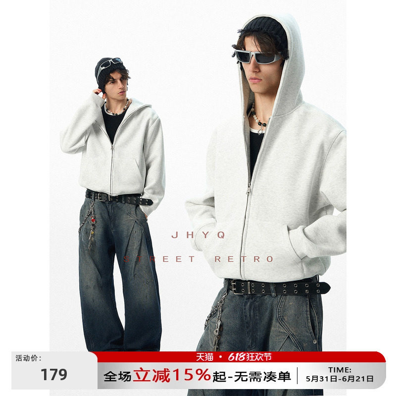 JHYQ无logo美式宽松净版连帽短款卫衣男女拉链开衫外套休闲帽衫