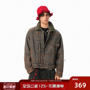 JHYQ美式 复古钉珠做旧牛仔外套男秋冬高级感痞帅夹克高街牛仔衣