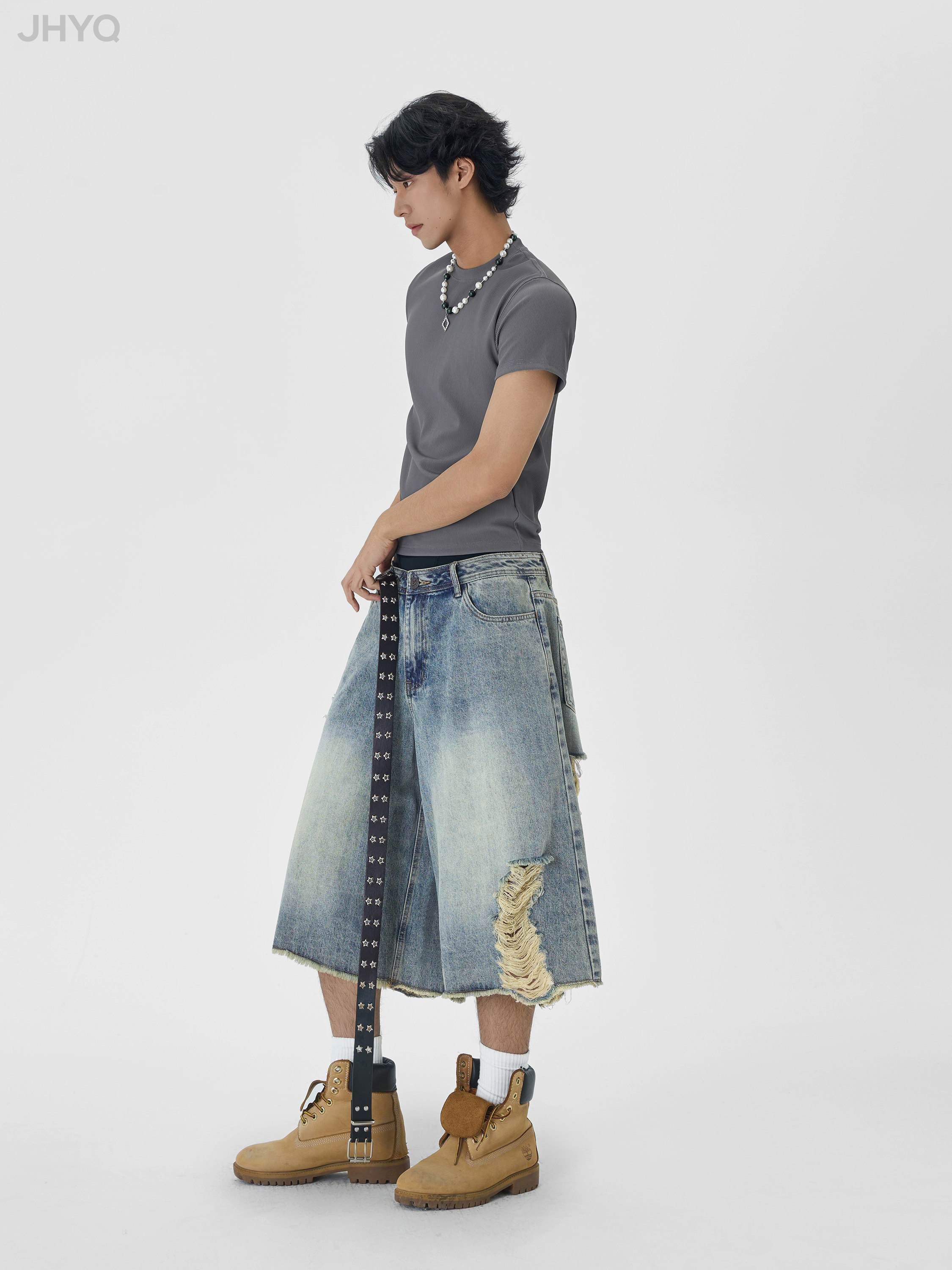 JHYQ WASHED DISTRESSED RIPPED BRUSHED RETRO CROPPED DENIM SHORTS FOR MEN AND WOMEN LOOSE WIDE-LEG TRENDY CASUAL PANTS