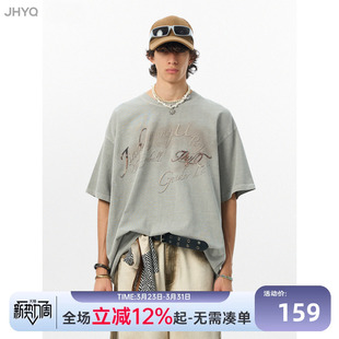 JHYQ复古字母280g高街水洗短袖 t恤男女休闲嘻哈宽松落肩五分袖