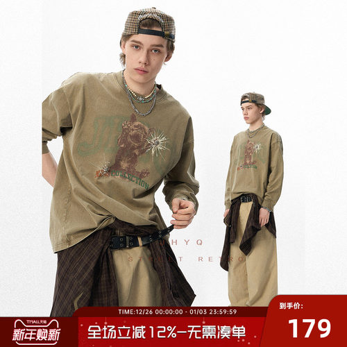 长袖320G重磅法斗犬印花水洗T恤