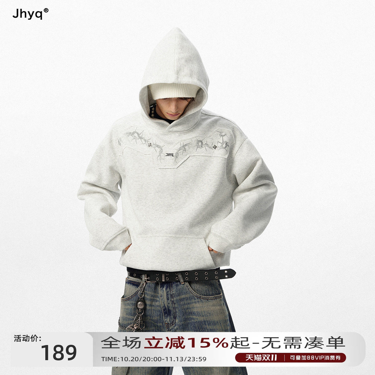 荆棘系列丨JHYQ美式高街风连帽卫衣男重磅贴布印花宽松情侣外套