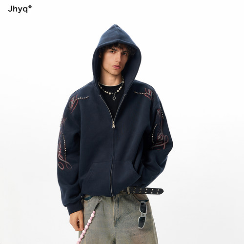 JHYQ净化眼球美式街头朋克打钉420G重磅连帽开衫卫衣男春秋潮外套