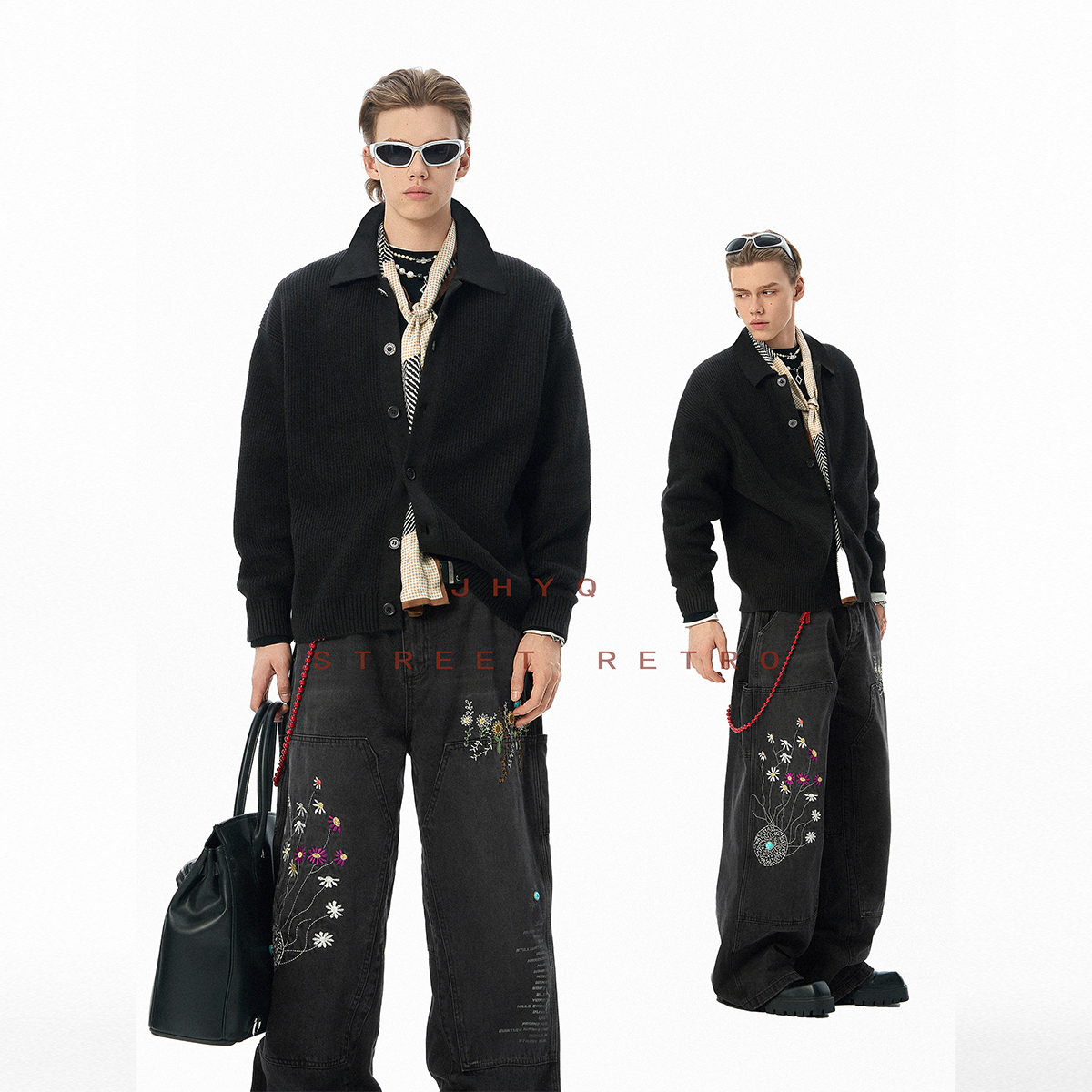 JHYQ美式复古cleanfit极简翻领针织开衫毛衣男潮牌休闲加厚针织衫