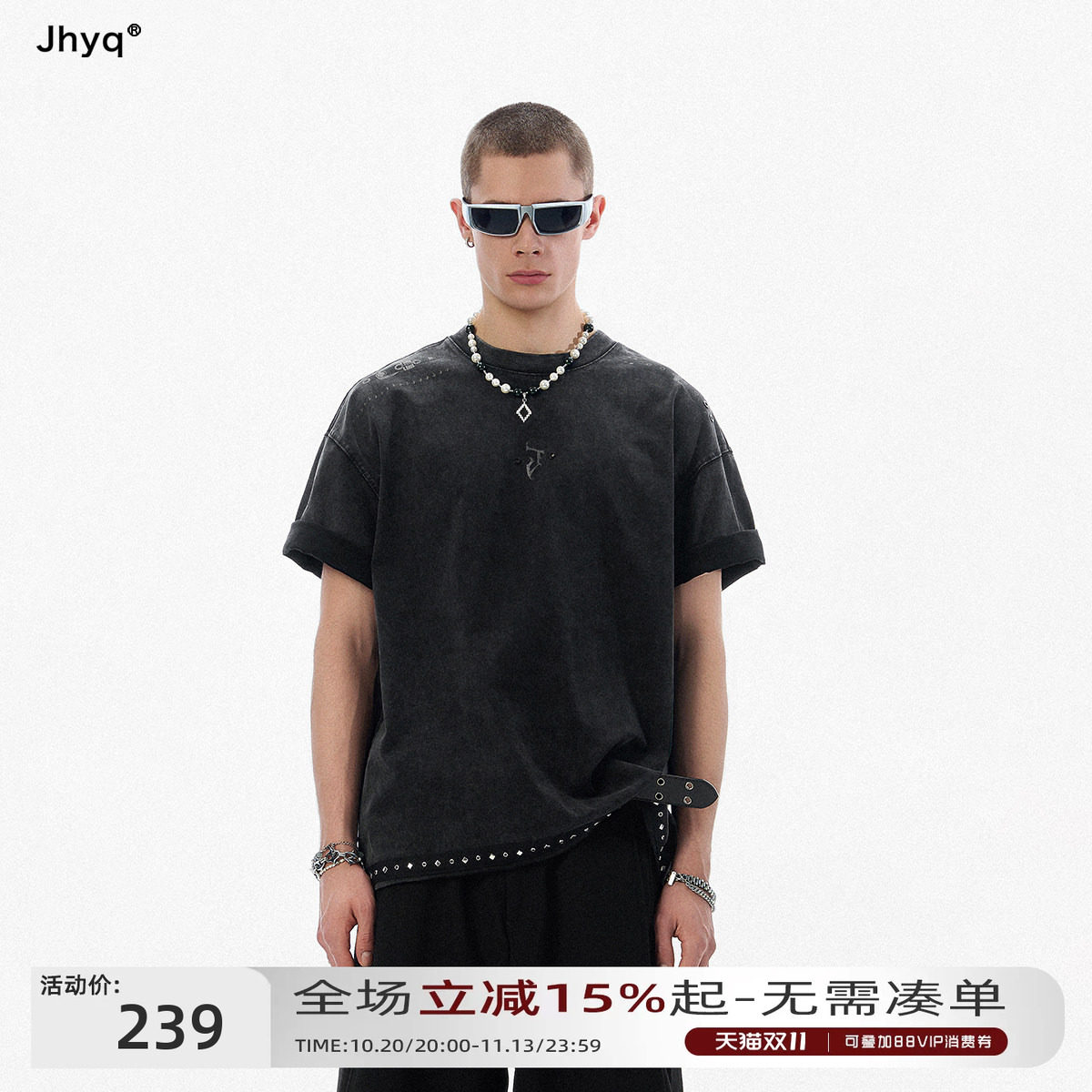 JHYQ美式皮带印花气眼结构哥特J水洗短袖男宽松下摆织带钉设计T恤