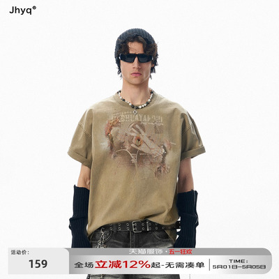 JHYQ美式烈焰印花做旧水洗短袖T恤男宽松oversize街头风潮牌上衣
