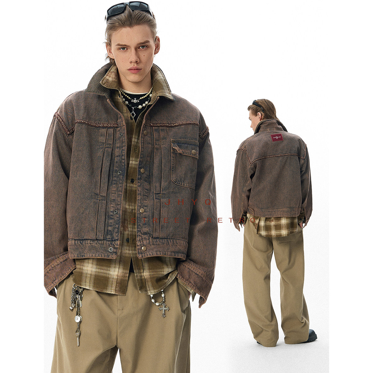 JHYQ净化眼球美式复古水洗做旧拼接编绳牛仔外套男时尚休闲夹克