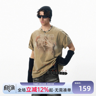 JHYQ美式 T恤男宽松oversize街头风潮牌上衣 烈焰印花做旧水洗短袖