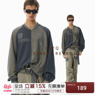 V领T恤男复古宽松潮牌球服衣 休闲撞色拼接插肩长袖 JHYQ春秋季 美式