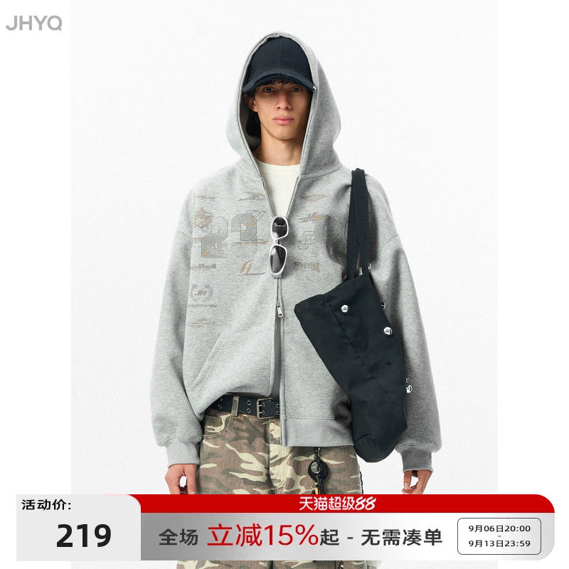 JHYQ美式春秋400g卫衣男女印花连帽oversize宽松休闲情侣开衫外套