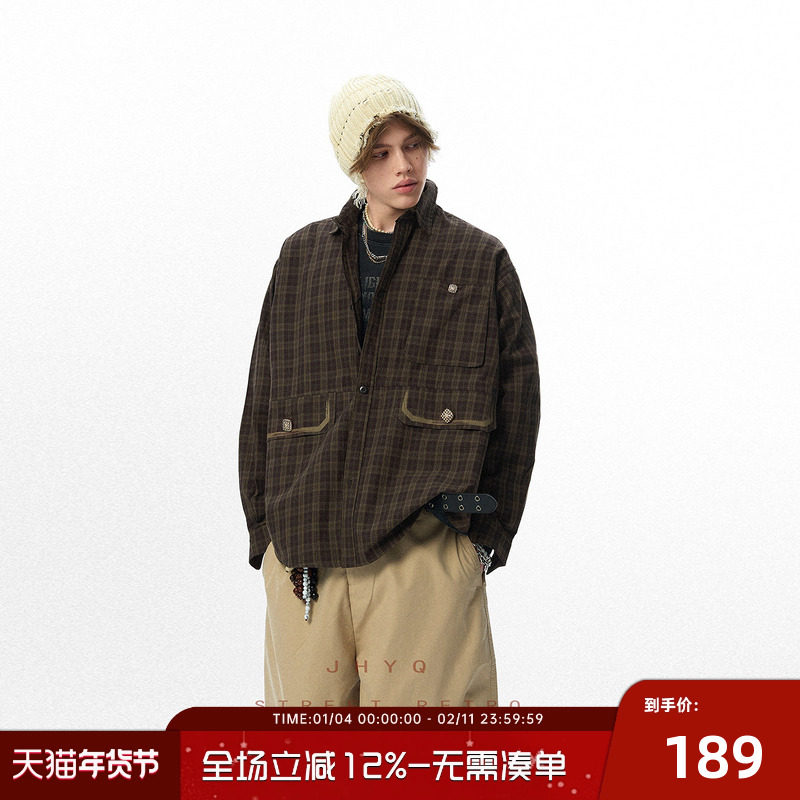 JHYQ美式复古格子衬衫男潮牌宽松休闲衬衣外套廓形潮流格纹上衣,男装,衬衫,淘宝优惠券,粉丝福利购,淘宝优惠卷