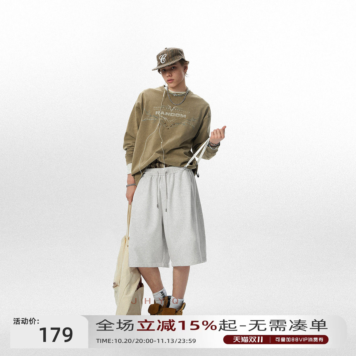 JHYQ美式复古重磅320g长袖水洗T恤男宽松上衣钉珠图腾潮牌卫衣杉