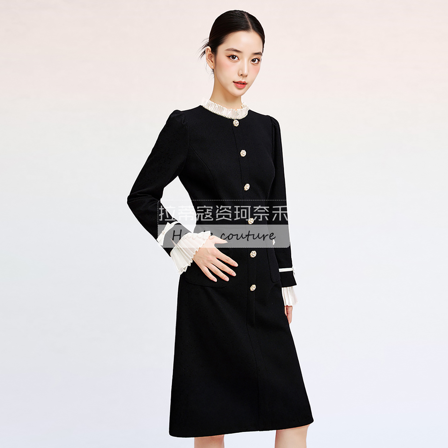 【柔感羊毛拉珂】通勤修身显瘦高腰A字2025春秋冬季泡泡袖连衣裙