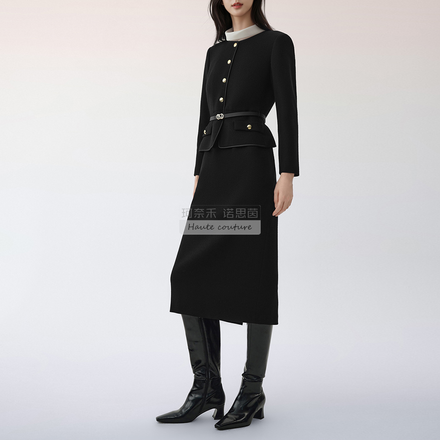 奈商场同款 通勤收腰裙可拆卸立领2025秋冬新款羊毛假两件连衣裙