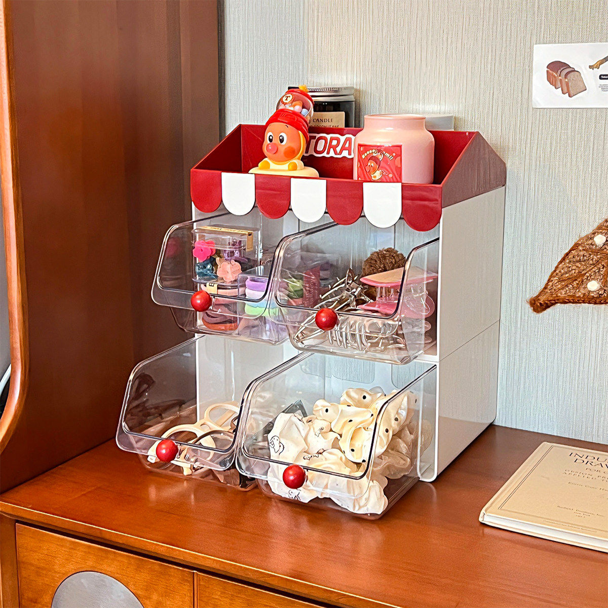 小房子桌面收纳盒化妆品置物架办公桌抽屉分隔零食收纳透明塑料盒