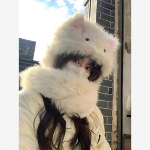 猫咪耳朵帽子围巾一体可爱女款冬天防风加绒加厚保暖毛绒2025新款