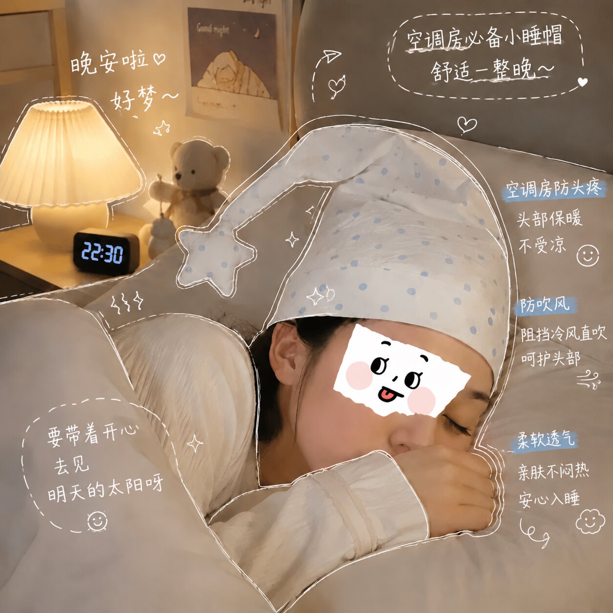 星星波点睡帽空调房头部