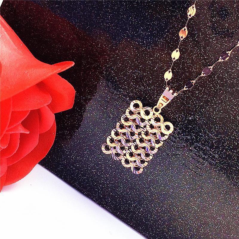 俄罗斯585紫金镀18k玫瑰金方块吊坠彩金时尚百搭花纹项链女款礼物