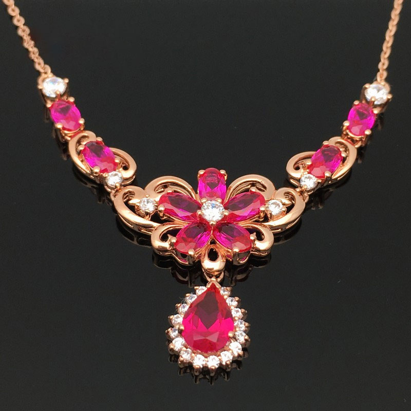 俄罗斯585紫金花朵红石项链玫瑰金女时尚ins风精美锁骨链套链饰品