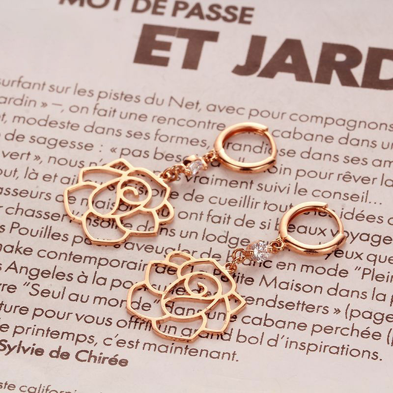 俄罗斯585紫金镶嵌镶钻镂空玫瑰花耳环镀14K彩金玫瑰金女士耳饰品