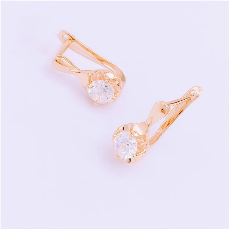 俄罗斯585紫金锆石圆形耳环女士镀14K玫瑰金甜美气质精品时尚耳饰