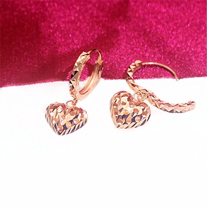俄罗斯585紫金镂空爱心耳环女士时尚气质镀18K玫瑰金彩金耳饰礼物