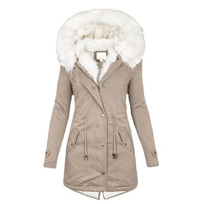 Womens mid-length windbreaker white fur collar hooded warm