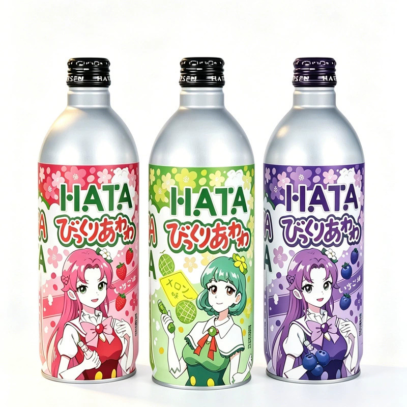 日本进口HATA波子汽水蓝莓草莓味哈密瓜果味碳酸饮料卡通版铝瓶装