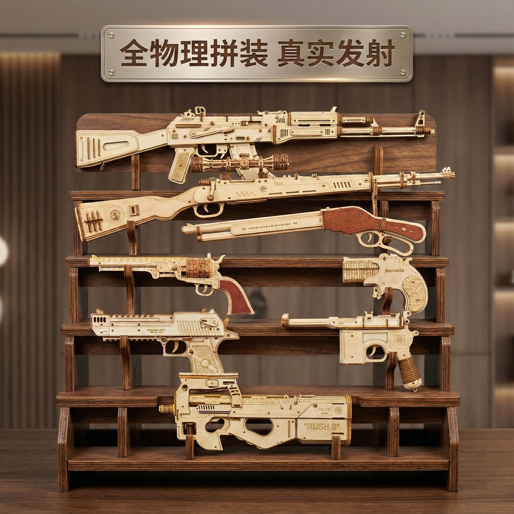 [机木世界]经典游戏枪模可发射1:1复刻版木质拼装玩具亲子礼物