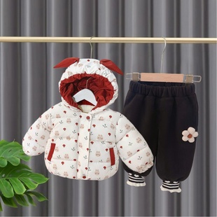 女童加绒棉衣套装宝宝冬季外出棉服儿童冬天棉袄棉裤婴儿冬装外套