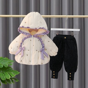 女童加绒加厚棉服套装儿童时髦超好看冬装夹棉过冬棉裤衣服两件套
