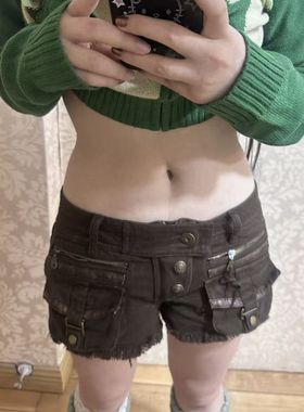古着感穿搭热裤工装口袋低腰牛仔短裤女a字辣妹紧身显瘦超短裤子