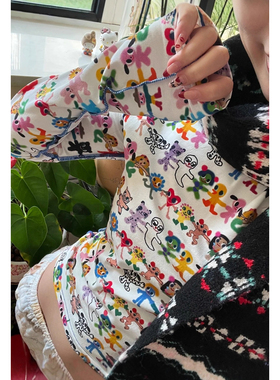 y2k甜辣彩绘涂鸦满印长袖短款T恤女秋季修身卡通印花显瘦打底上衣